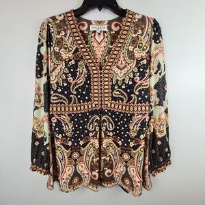 Hale Bob Destiny Jersey Top Black Brown Green Paisley‎ Print Medium Long Sleeve